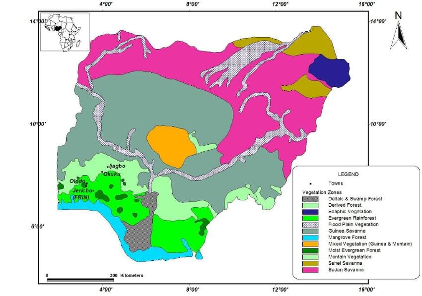 mappa della nigeria mostrando vegetazione