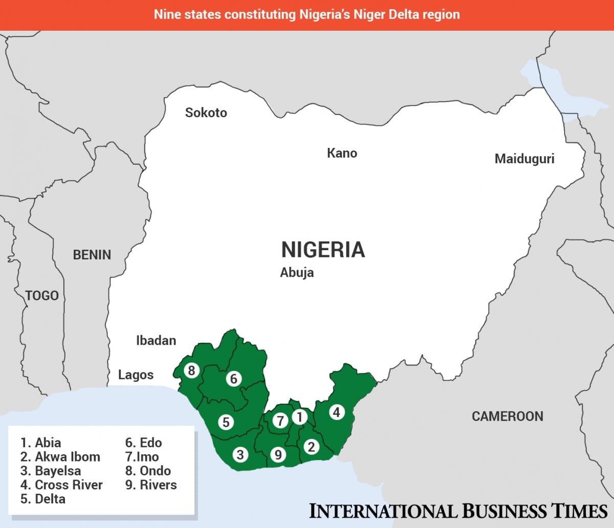 Mappa del delta del niger, mappa, in nigeria