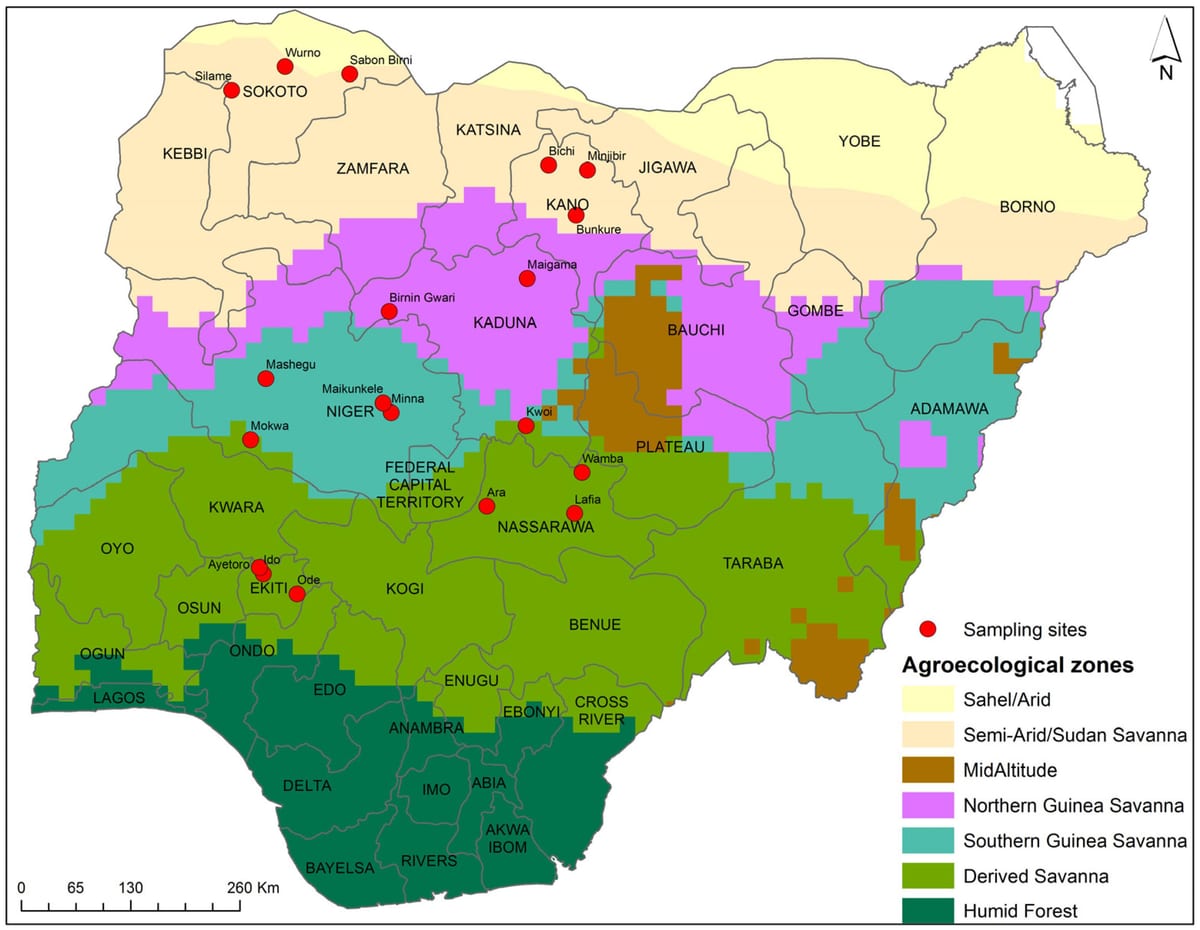 mappa della nigeria, che mostra la distribuzione delle coltivazioni