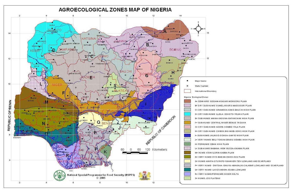 mappa della nigeria, che mostra diverse zone di vegetazione