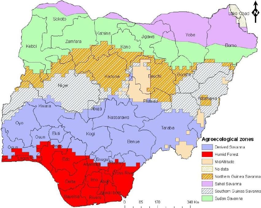 Mappa della nigeria che mostra le zone ecologiche