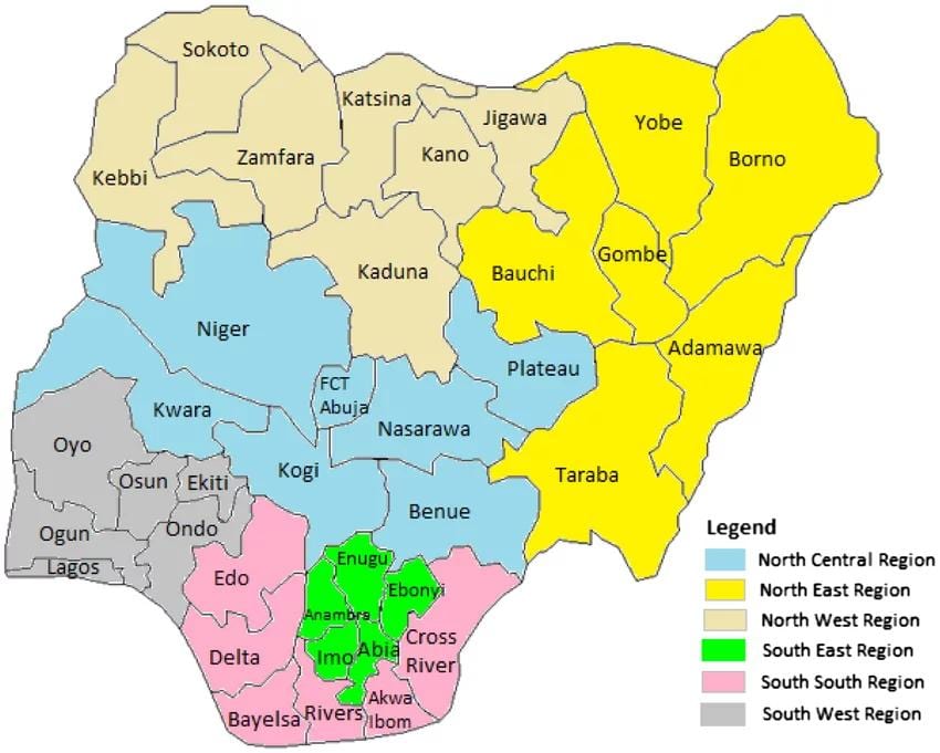 Mappa della nigeria che mostra le zone geopolitiche