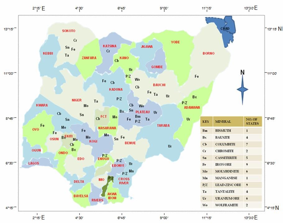 Mappa della nigeria mostrando le risorse minerarie