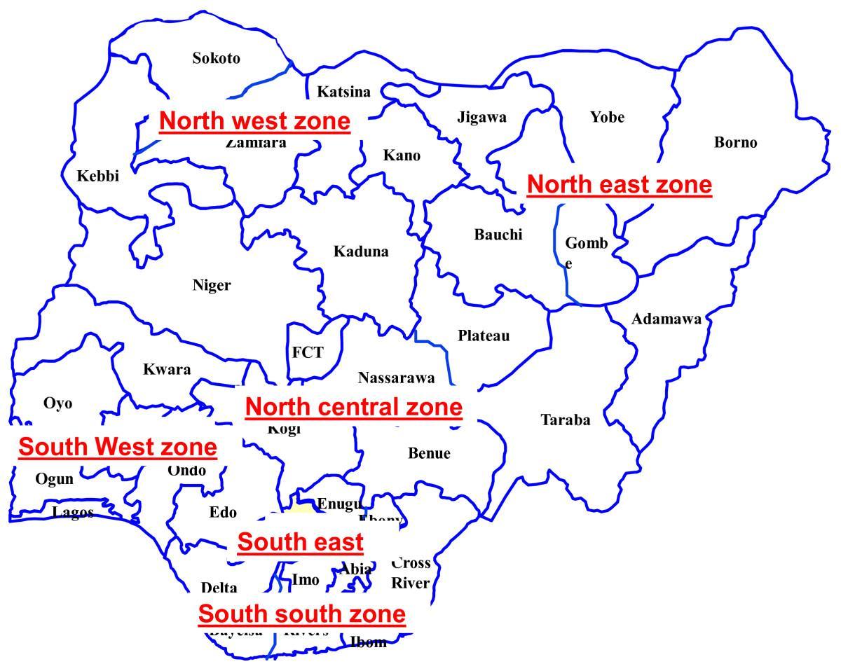 mappa della nigeria che mostra sei zone geopolitiche