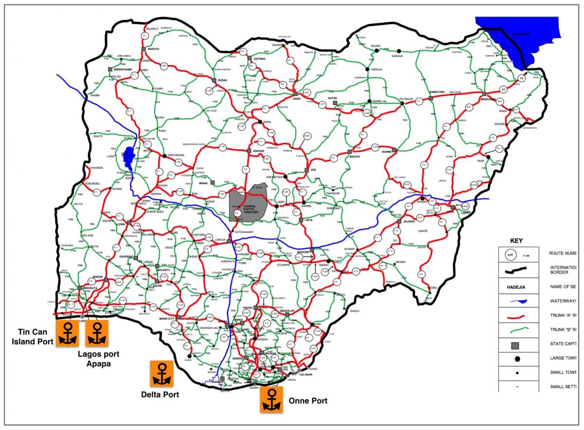 Mappa della nigeria mostrando rete stradale