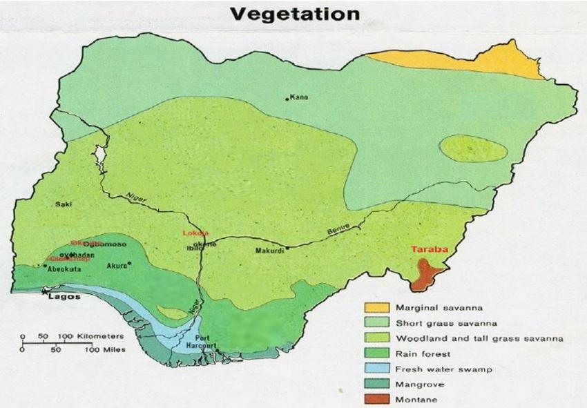 mappa della nigeria mostrando la vegetazione
