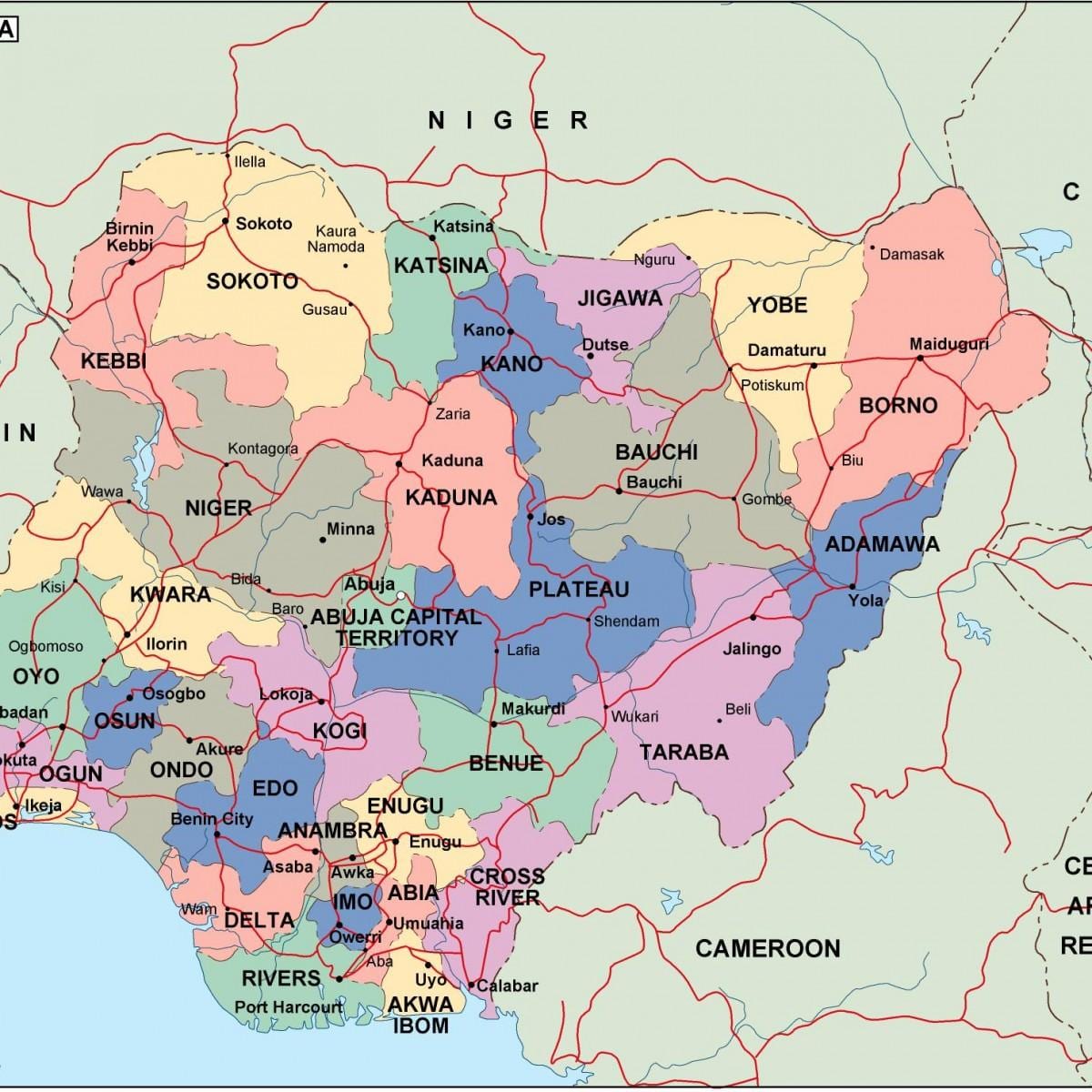 Mappa della nigeria con gli stati e le città