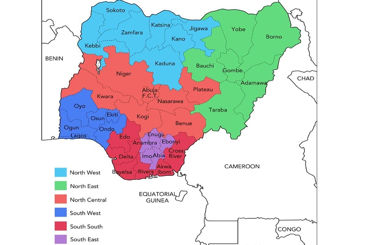 mappa della nigeria mostrando zone geopolitiche