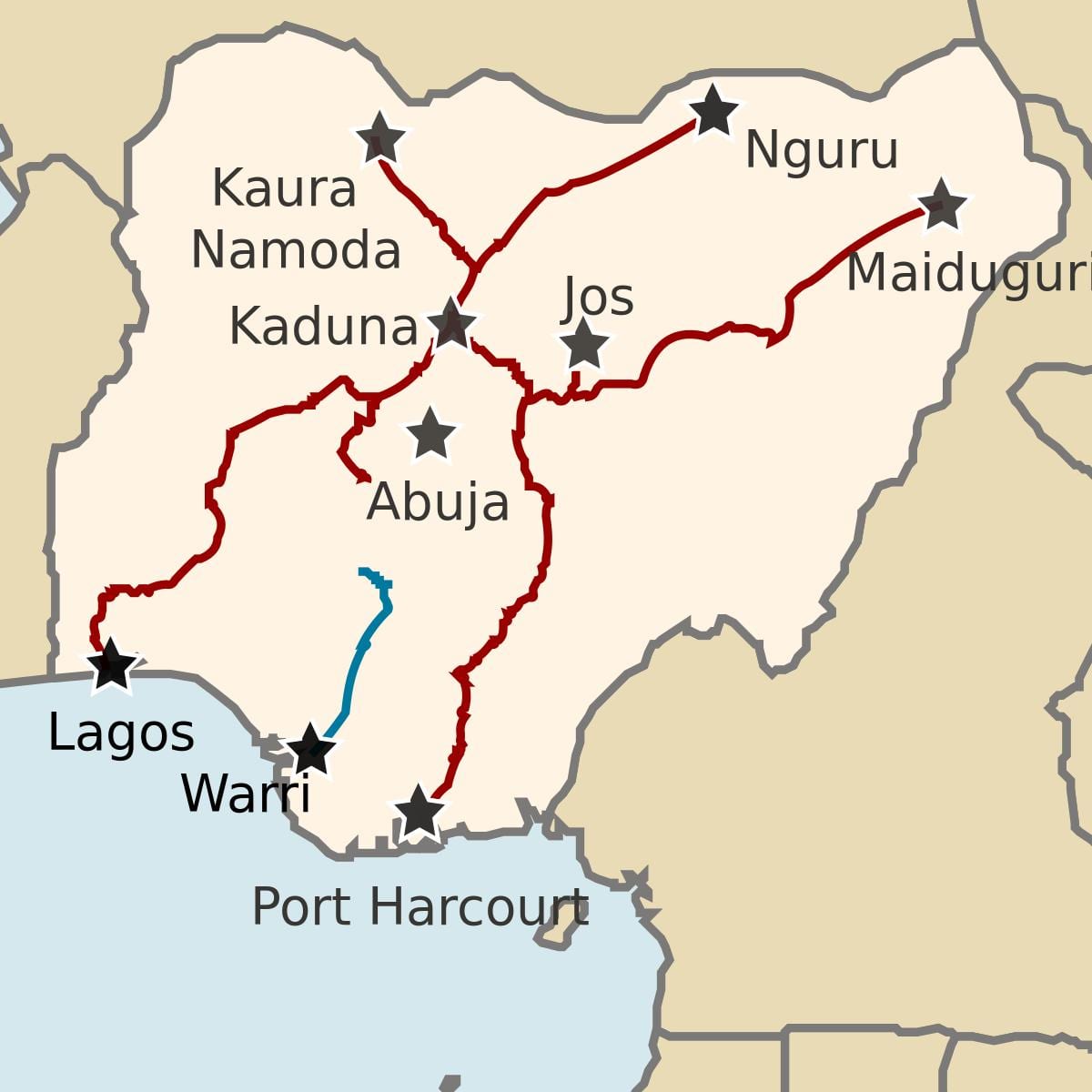 mappa della nigeria, mostrando linee ferroviarie