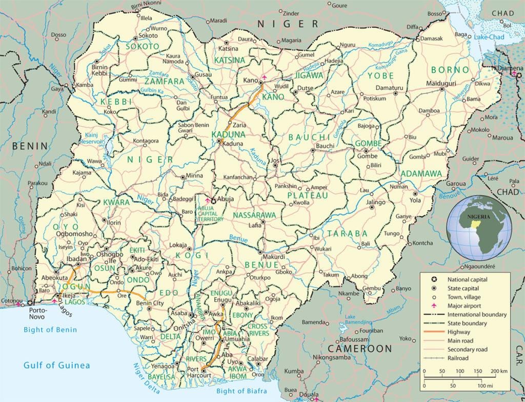 mappa della nigeria che mostra gli stati e le capitali