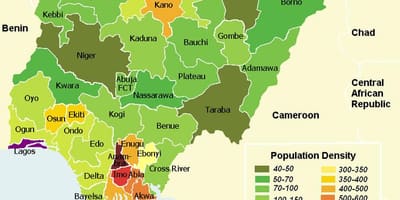 Mappa della nigeria, che mostra la distribuzione della popolazione