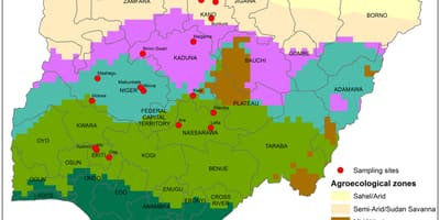 Mappa della nigeria, che mostra la distribuzione delle coltivazioni